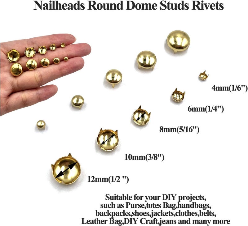 honigo 150pcs Nailheads Round Dome Studs Rivets Gold Metal Solid Brass 4/6/8/10/12mm 4 Prongs Spikes Spots for Leather Craft Clothes Belt Bag Shoes Decorations Totes DIY Craft - Image 2